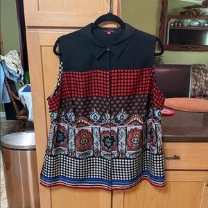 Vince Camuto Sleeveless Collared Printed Women’s Top - Black & Multicolor